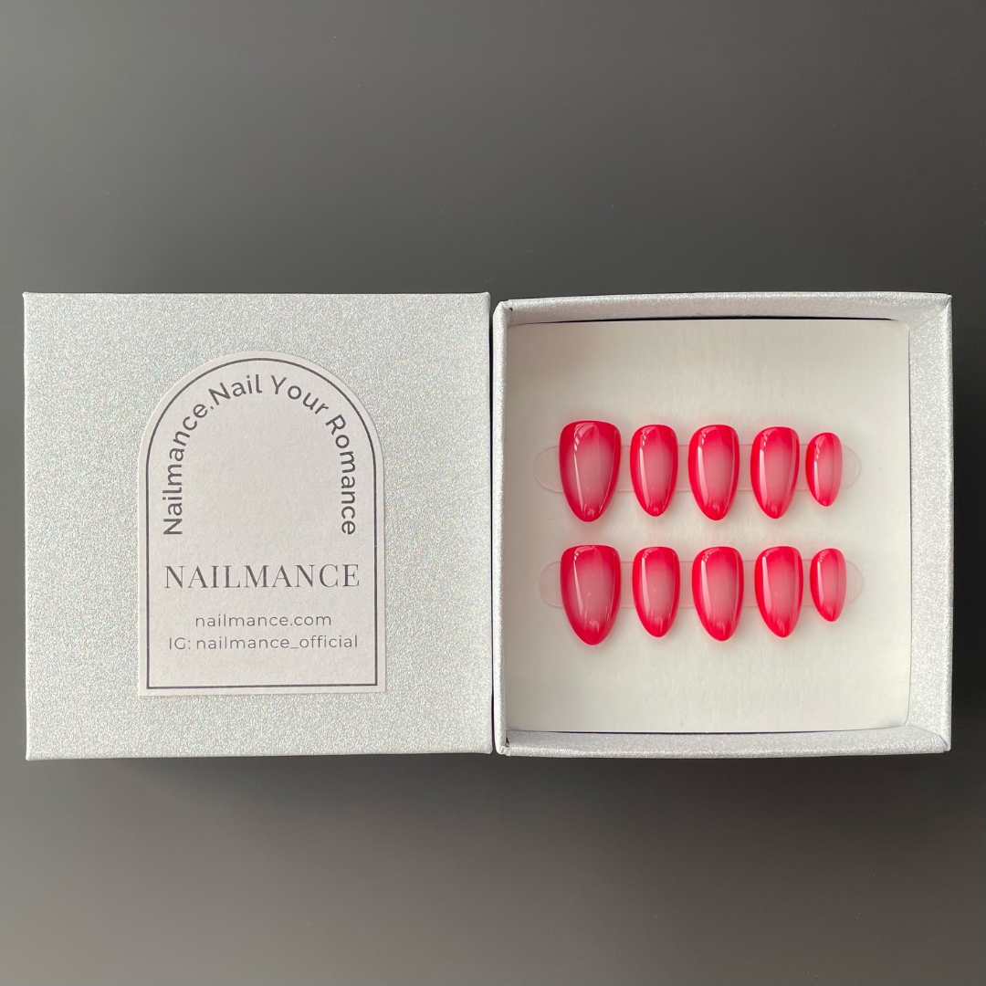 Radiant Pink Aura Nails - Flushed Glow Short Almond Press-On Nails, presented in the signature NAILMANCE box