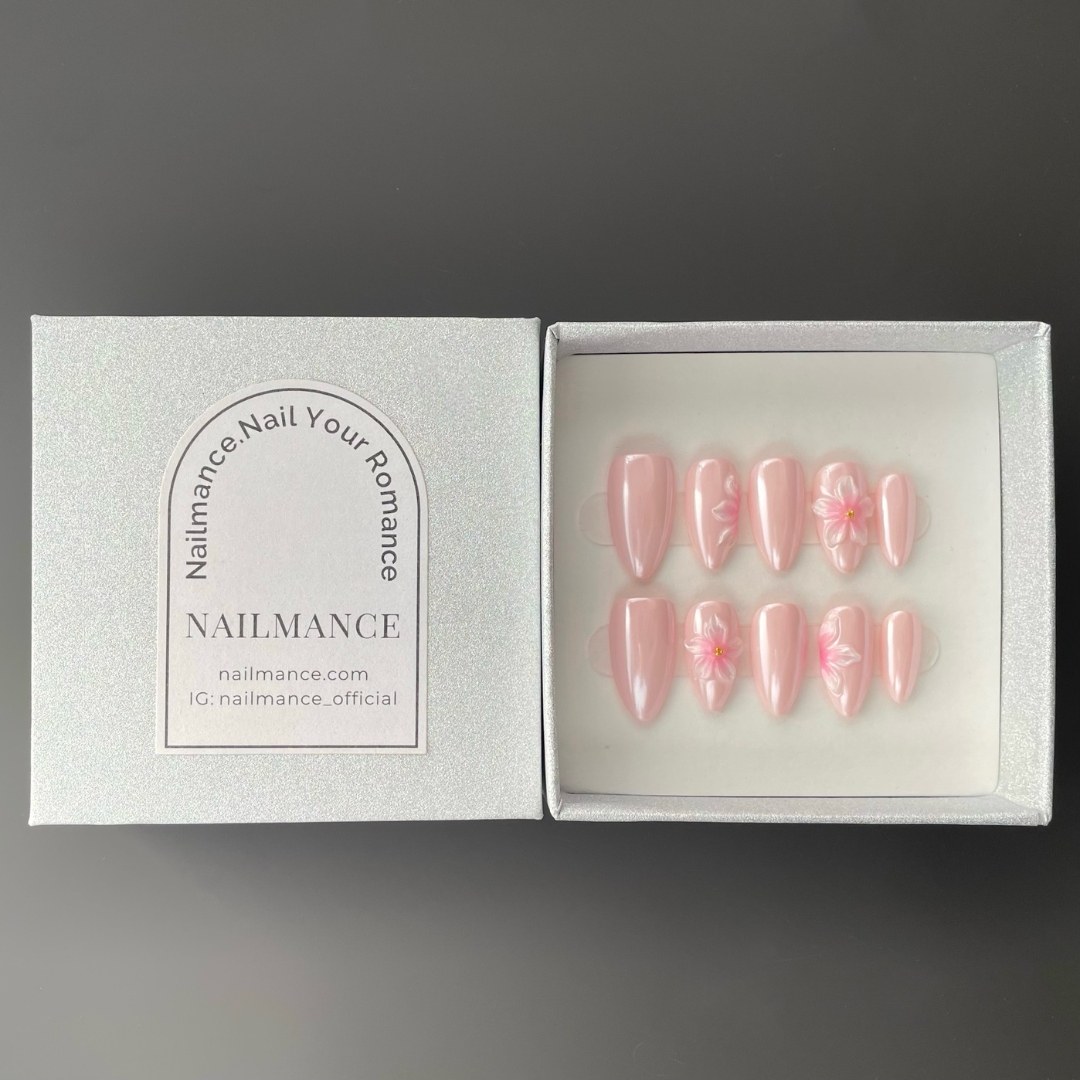 Romantic 3D Floral Nails - Petal Kiss Pink Pearl Short Almond Press-On Nails, presented in the signature NAILMANCE box