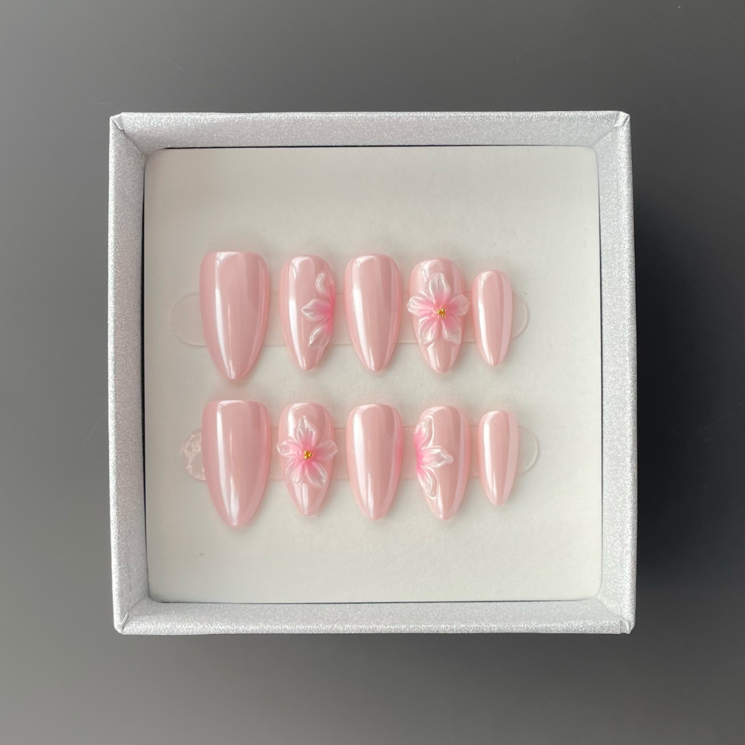 Romantic 3D Floral Nails - Petal Kiss Pink Pearl Medium Pointed Oval Press-On Nails with delicate blossom designs