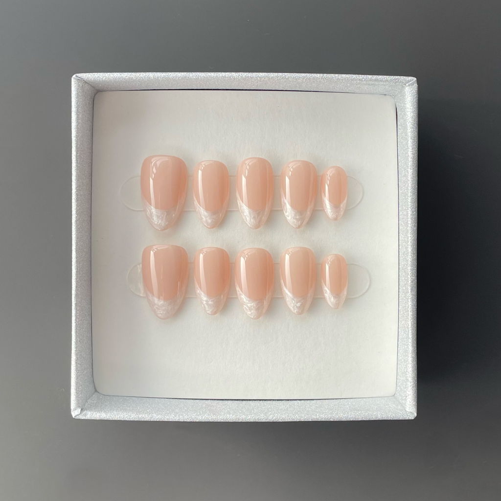 Elegant Silver Satin French Press-On Nails - Nude Short Almond with subtle shimmer