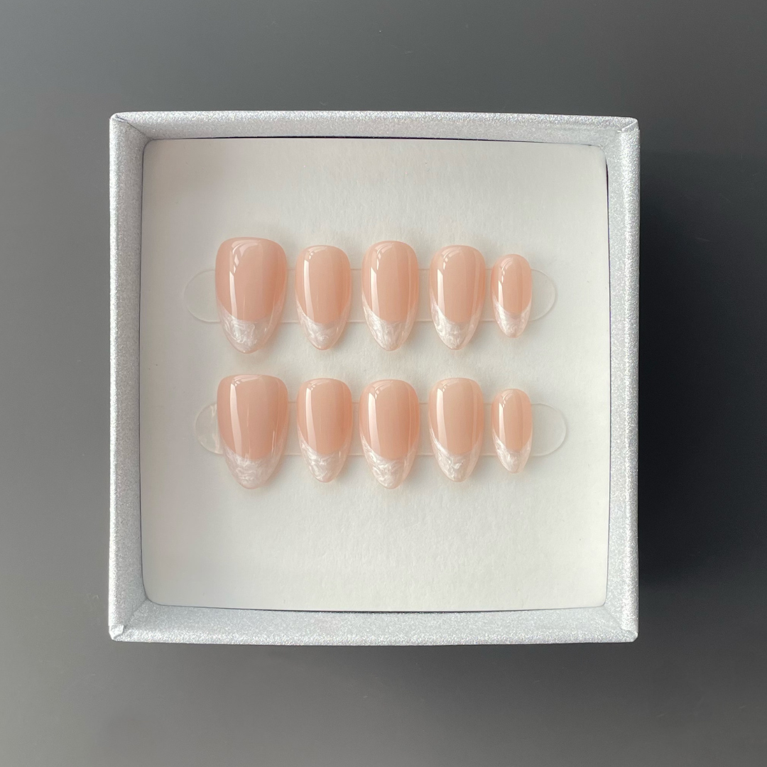 Elegant Silver Satin French Press-On Nails - Nude Short Almond with subtle shimmer