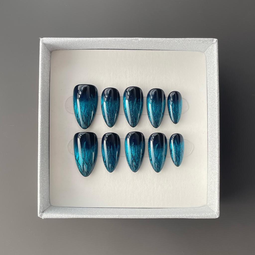 Icy Blue Flame Cat Eye Nails - Silent Storm Press-On Nails with a magnetic glow