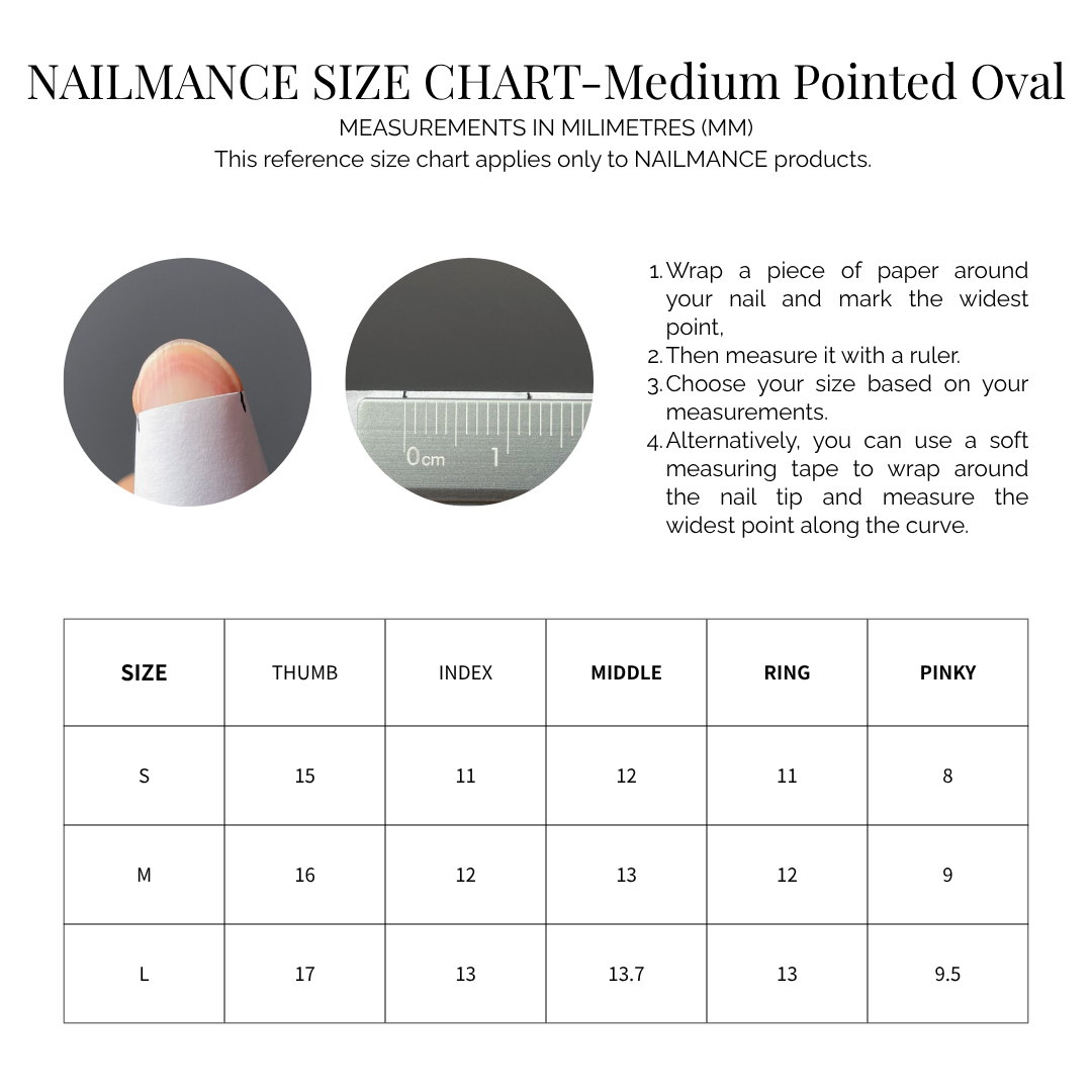 NAILMANCE Medium Pointed Oval Press-On Nail Size Chart with Measurements in mm