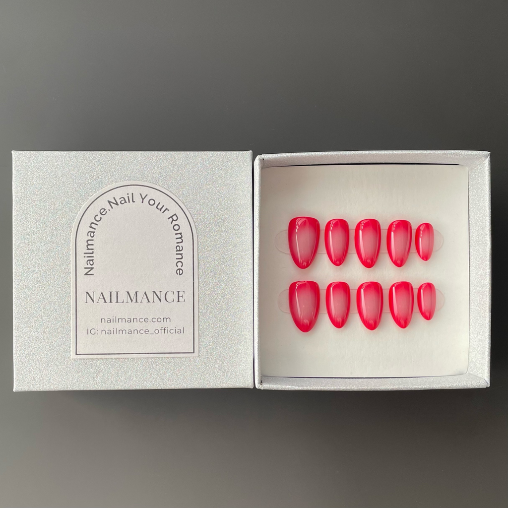 Radiant Pink Aura Nails - Flushed Glow Short Almond Press-On Nails, presented in the signature NAILMANCE box